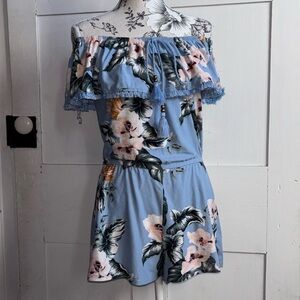 Derek Heart Blue Floral Off-Shoulder Romper